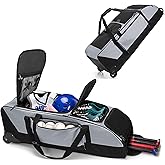 GOBUROS Rolling Baseball Softball Bag with Wheels for 4 Bats Catchers Bag | Baseball Duffle Bag with Separate Shoe Space and Multiple Pockets for Softball Equipment Gear, Gray