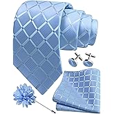 GUSLESON 3.15"(8cm) Mens Tie and Lapel Pin Plaid Checkered Necktie Hankerchief Cufflinks Set for Men