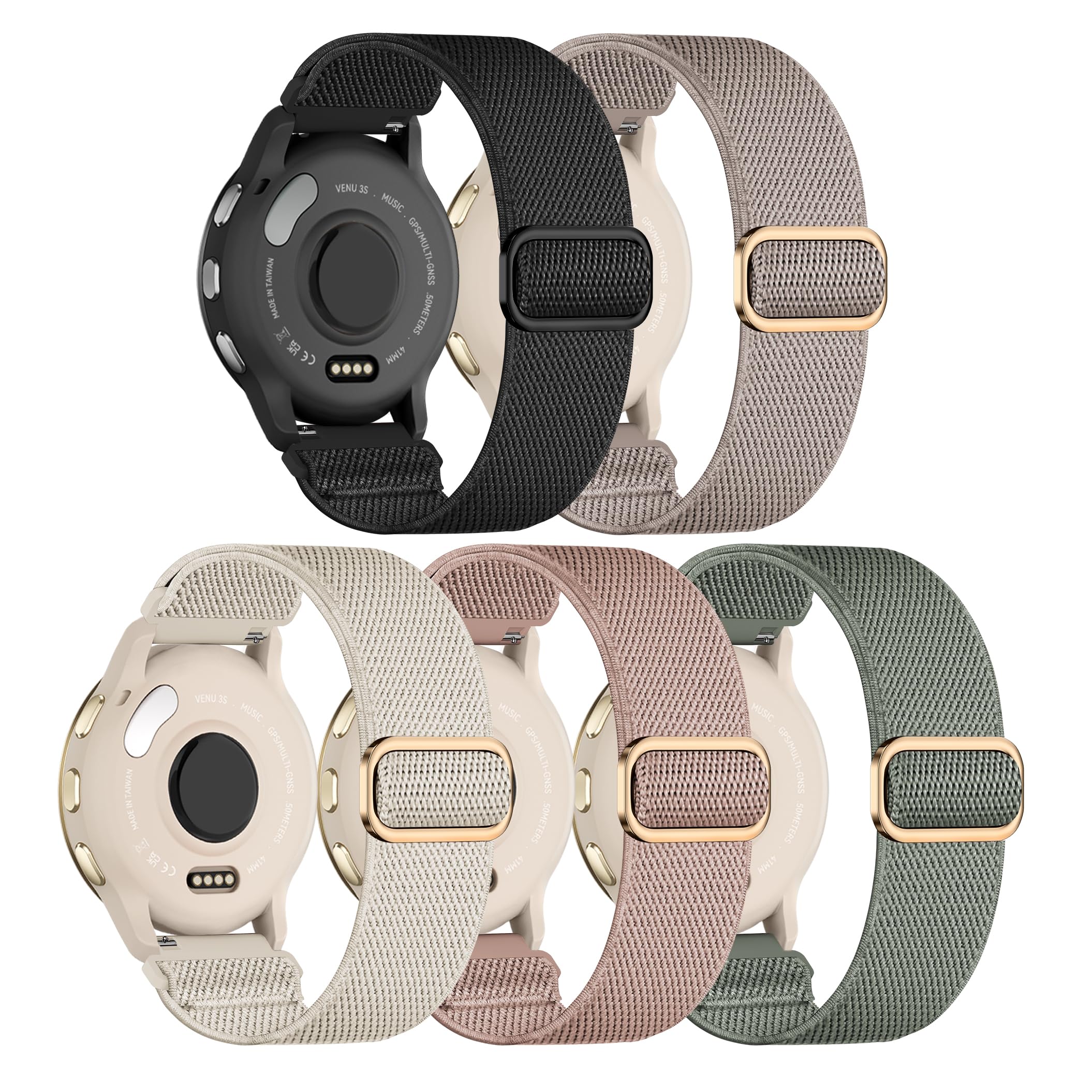 Photo 1 of 5 Pack Stretchy Nylon Watch Bands Compatible with Garmin Venu 3S/2S/Forerunner 265S,18mm Loop Elastic Fabric Adjustable Sport Strap for Garmin Vivoactive 4S/Forerunner 255S/255S Music Women Men