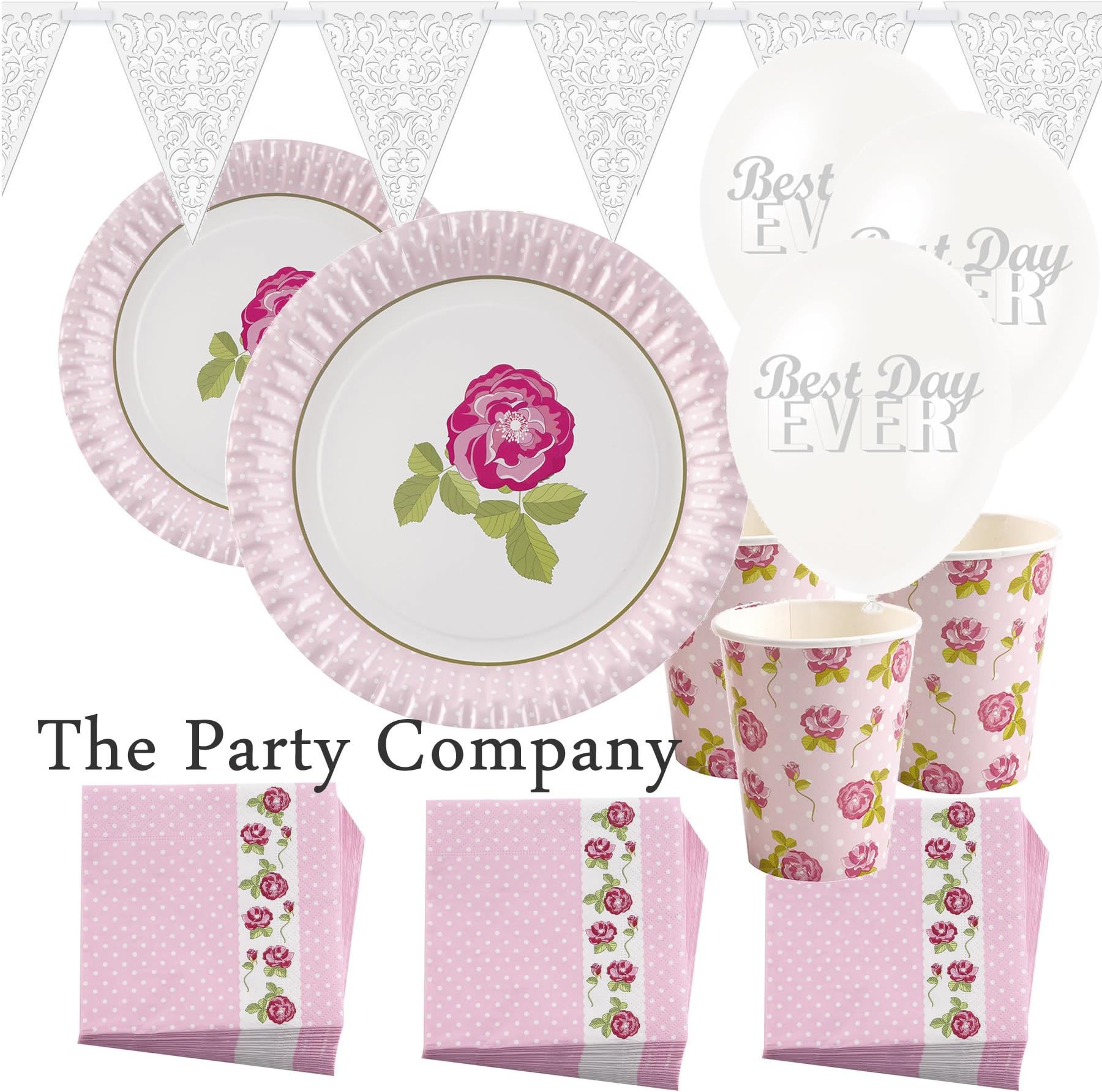 VINTAGE ROSE TEA PARTY SET-Shabby Chic Kit for 16: Plates, Napkins, Lace Bunting & Cups