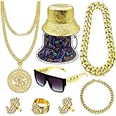 Nhjk Retro 80s 90s Hip Hop Costume Kit 8 Pieces Faux Gold Sets Reversible Bucket Hat Cosplay Party Accessories for Men Women