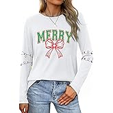 TOUCHKINN Christmas Long Sleeve Shirts for Women Christmas Light Shirt Merry Tee Xmas Holiday Soft Gifts Top