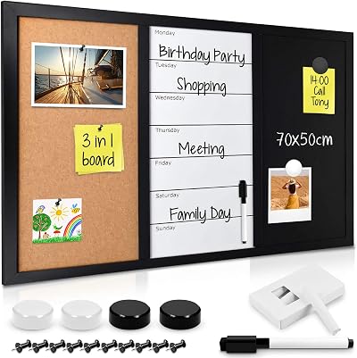 Navaris 3-in-1 Cork Whiteboard Chalkboard 70x50 cm Magnetic Memo Board