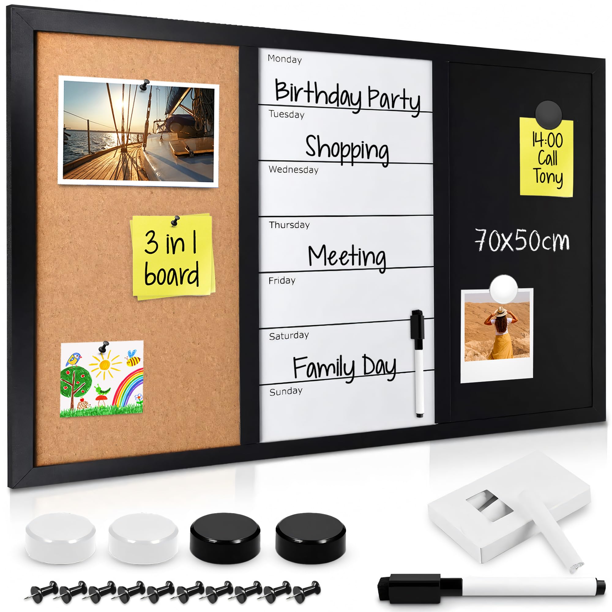 Navaris Combination Board Cork/Whiteboard/Chalkboard - 70 x 50 cm Magnetic Memo Notice Board with Frame - Includes Chalk, Push Pins, Marker, Magnets