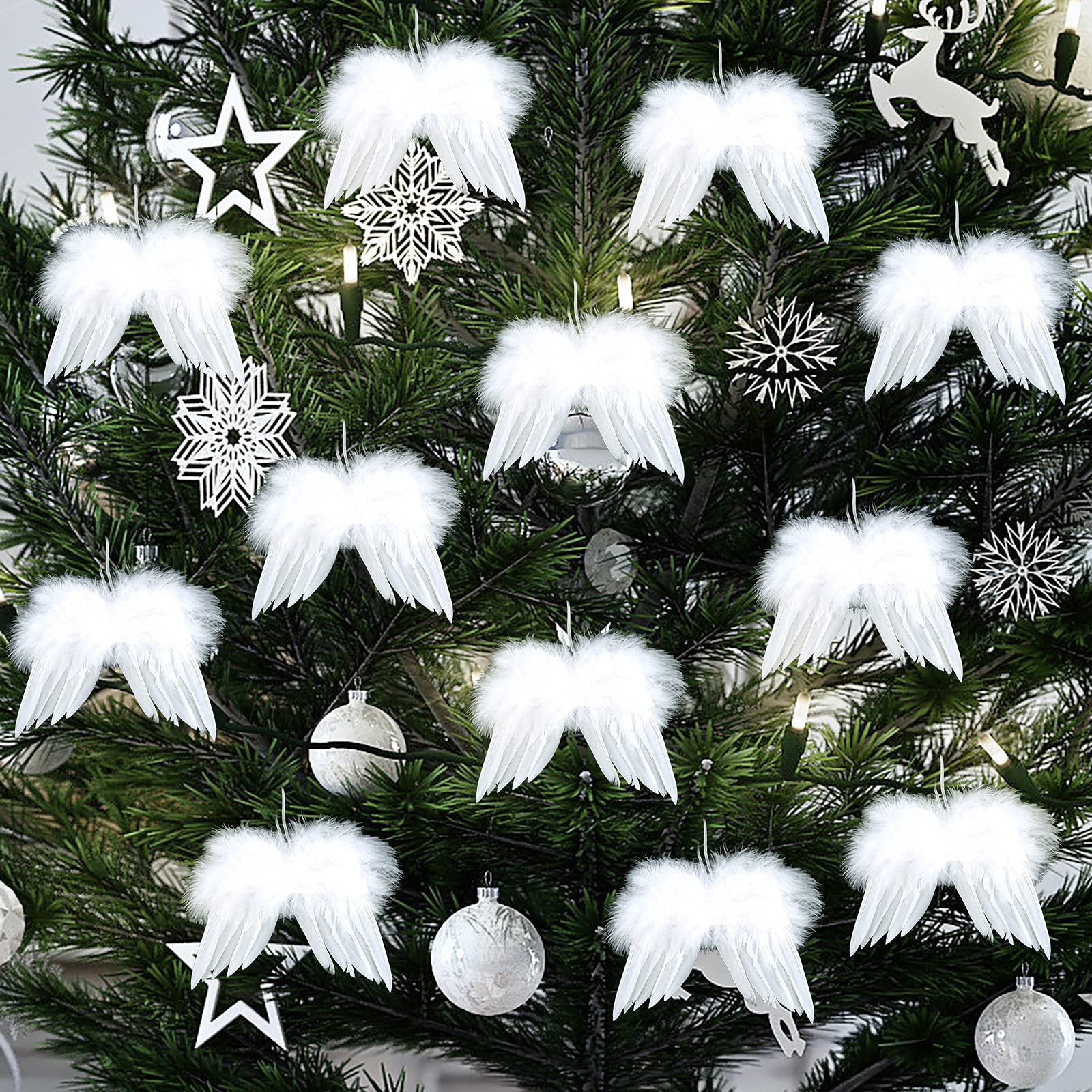 ELECLAND 12 Pcs White Feather Christmas Decorations - Vintage Ornaments, Angel Wings Tree Decoration for DIY Craft, 16x14cm