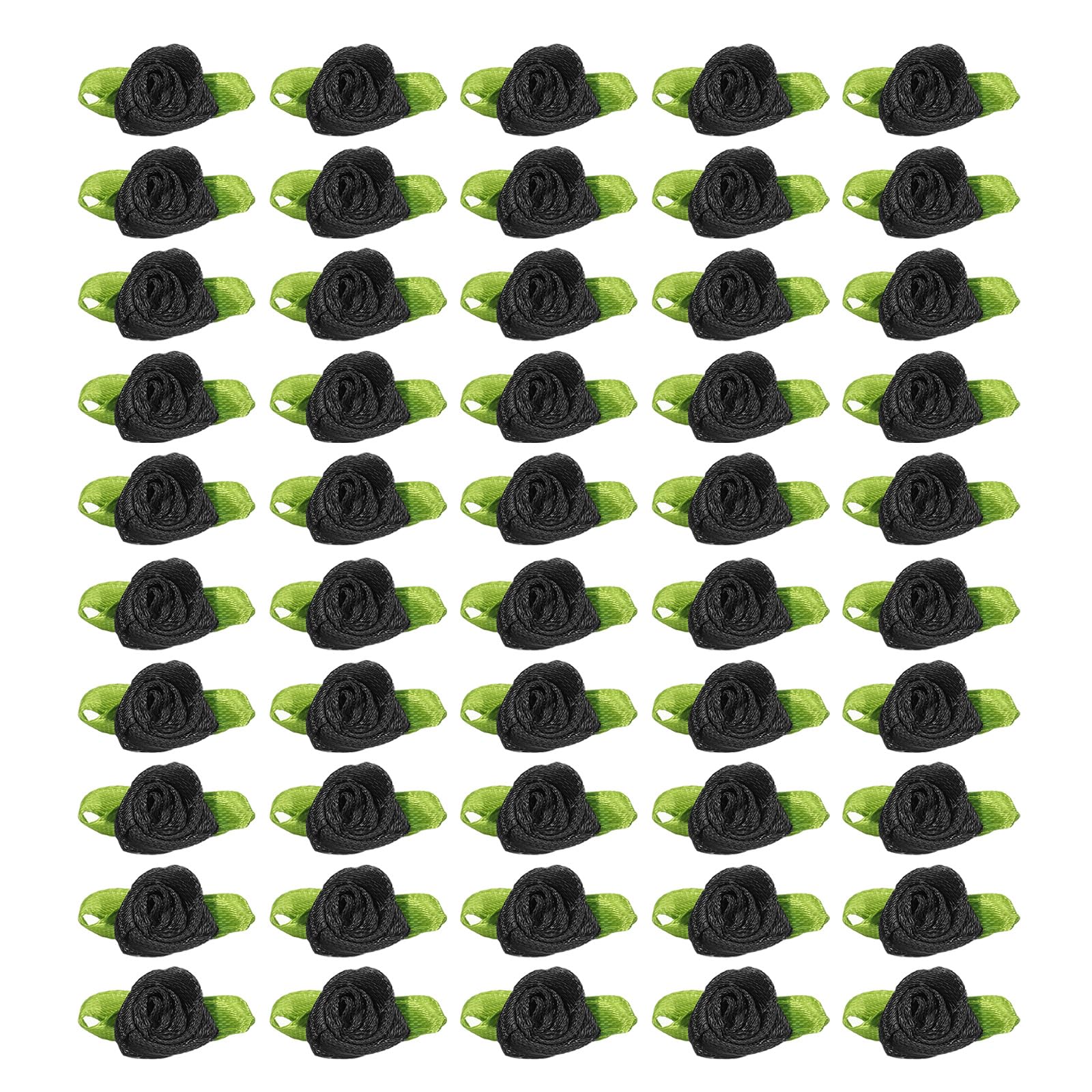 PATIKIL 15mm Tiny Satin Ribbon Rose, 100 Pcs Fabric Flowers Embellishments Rosettes Applique with Green Leaves for DIY Crafts Wedding Decor, Black