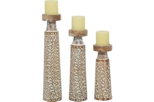 Deco 79 Mango Wood Floral Handmade Vine Decorative Candle Holder with Whitewashed Cream Backing, Set of 3 Candlestick Holder 18", 15", 11"H, Brown