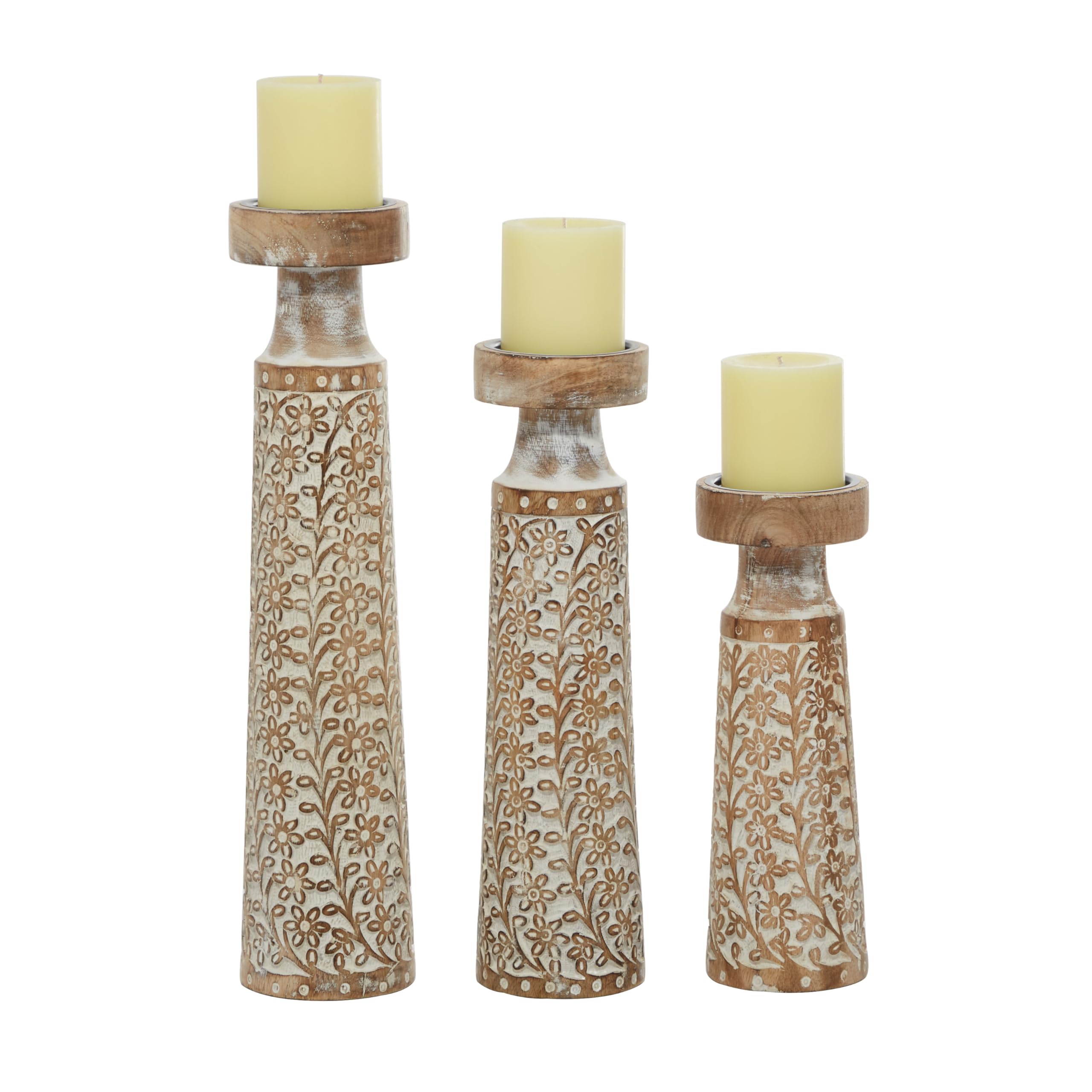 Photo 1 of Deco 79 Mango Wood Floral Handmade Vine Decorative Candle Holder with Whitewashed Cream Backing, Set of 3 Candlestick Holder 18", 15", 11"H, Brown