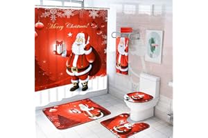 ALISHOMTLL 7 Piece Christmas Shower Curtain Sets with Rugs and Towels, Include Non-Slip Rugs, Toilet Lid Cover, Bath Towel and Mat, Santa Xmas Snowflake Shower Curtain with 12 Hooks for Bathroom Decoration