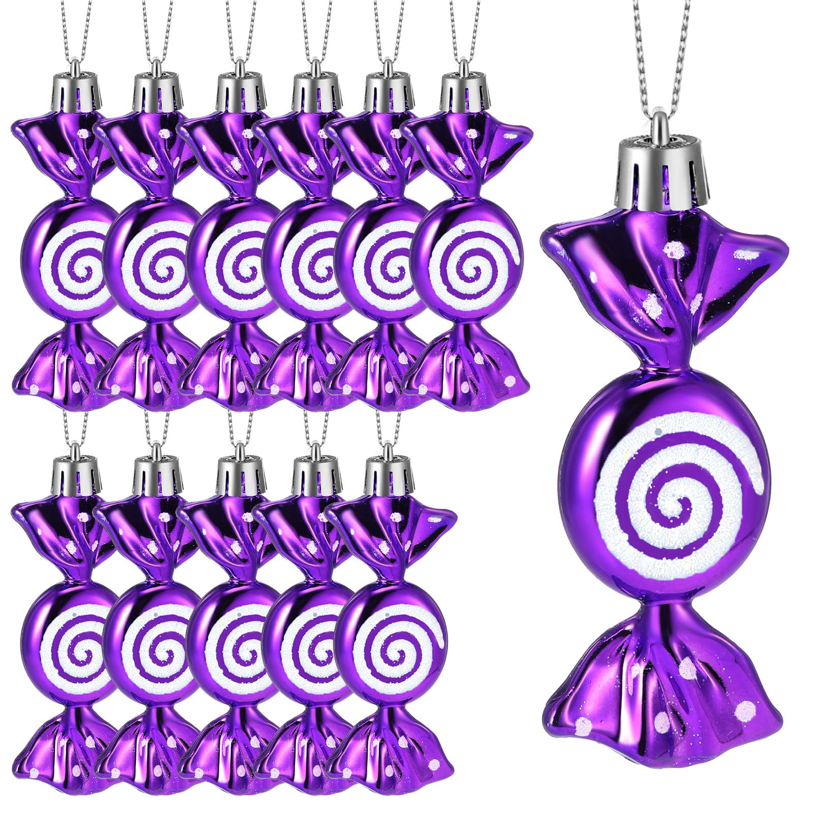 Threan 12 Pcs Christmas Candy Ornaments for Tree Decoration Hanging Glitter Candy Cane Christmas Peppermint Ornament with Golden Rope for Xmas Holiday Decoration(Purple,Plastic)