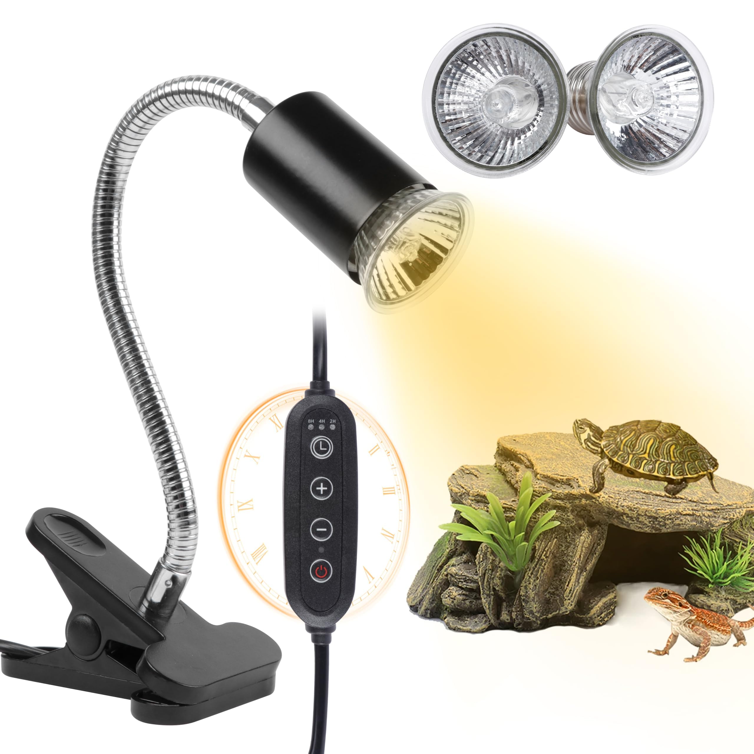 REPTI HOME Tortoise Heat Lamp Basking Spot, Reptile UVA UVB Lamp with Clamp Stand(Cycle Timer), 360°Rotatable Turtle UVB Heat Bulb 25W & 50W for Lizard, Snake, Chameleon, Beared Dragon