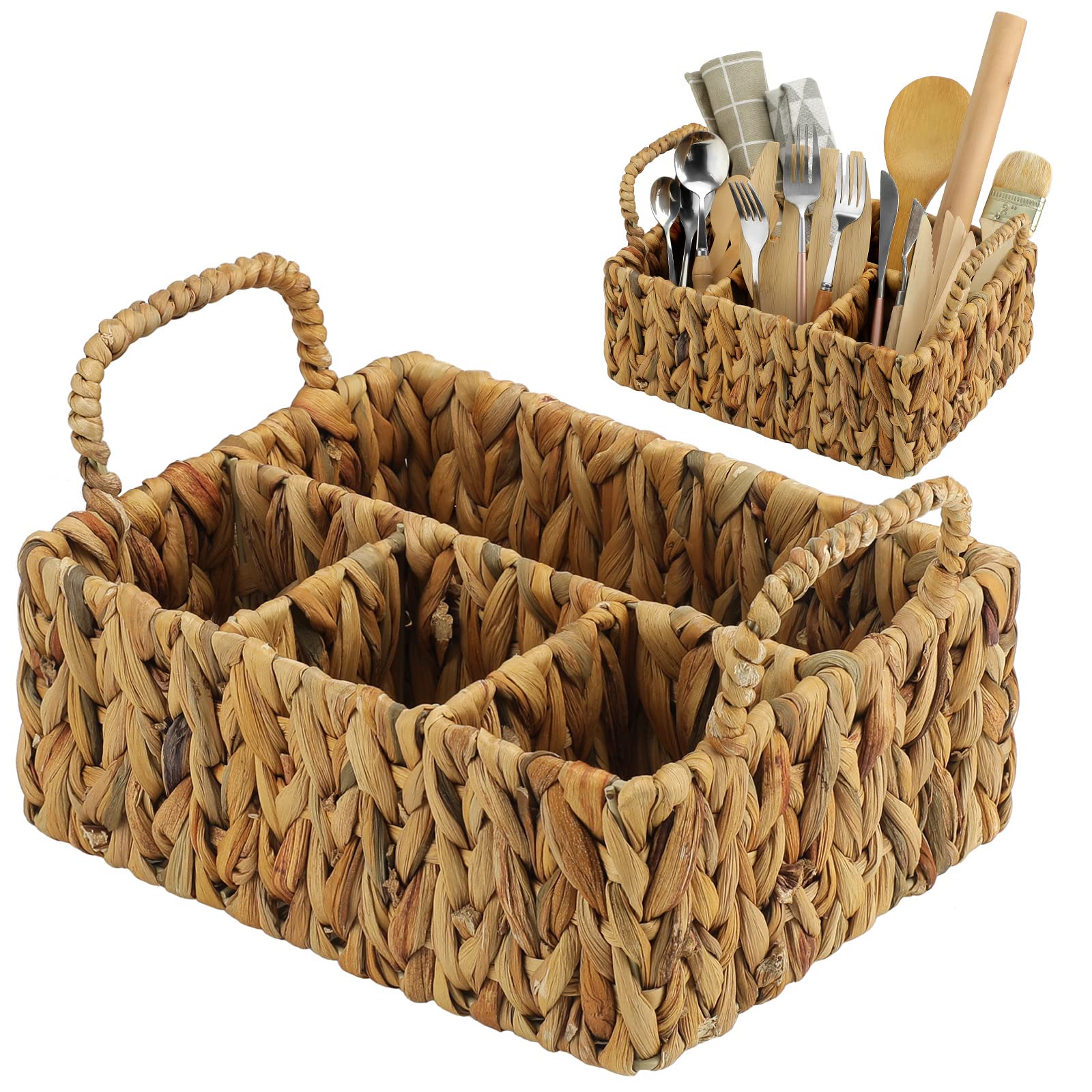 Photo 1 of Glenmal Wicker Flatware Storage Basket Utensil Caddy Hand Woven Divided Cutlery Holder Kitchen Utensil Organizer Water Hyacinth Silverware Organizer with Handle for Countertop Party (Rectangular)