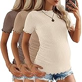 JoyMotion 3 Pack Women's Maternity Tops Short Sleeve Ribbed Knit Maternity Shirts Crew Neck Side Ruched Pregnancy Clothes