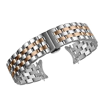 24mm High-End Two Tone Watch Strap Bands Curved Ends Solid Stainless Steel Silver and Pink Gold