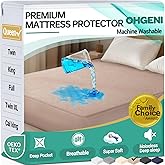 OhGeni 100% Waterproof Mattress Protector, Queen Size Brown, Fitted Sheet with Deep Pockets, 6''-18'', Premium Noiseless Breathable Soft Material, Mattresses Cover for Bed