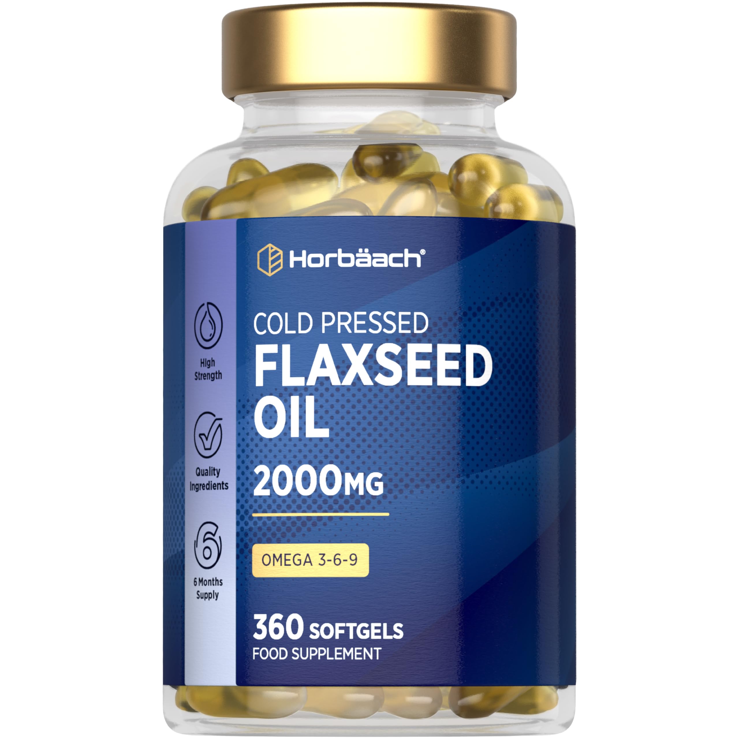 Flaxseed Oil Capsules 2000mg | 360 Softgels | Omega 3 6 9 with High Strength Alpha Linolenic Acid (ALA) | Cold Pressed Supplement | By Horbaach