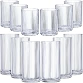 Zhehao 12 Pcs Ribbed Drinking Glasses Set 9 oz 12 oz Glass Cups Vintage Glassware Ribbed Cocktail Cup Clear Ice Coffee Highball Ripple Drinkware for Home Bar Beverages