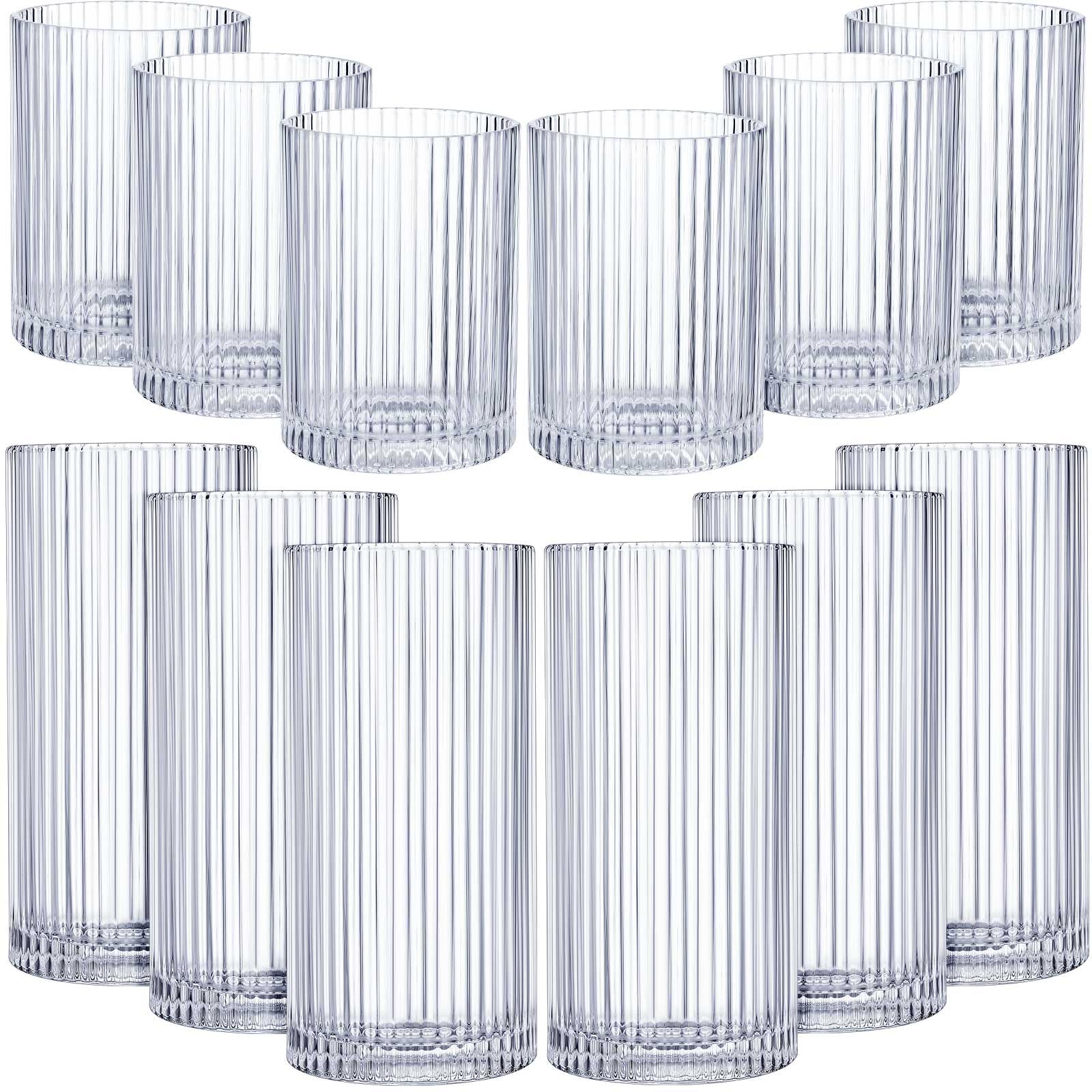 Photo 1 of ***MISSING TWO*** Zhehao 12 Pcs Ribbed Drinking Glasses Set 9 oz 12 oz Glass Cups Vintage Glassware Ribbed Cocktail Cup Clear Ice Coffee Highball Ripple Drinkware for Home Bar Beverages