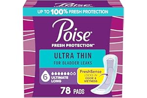 Poise Ultra Thin Incontinence Pads & Postpartum Pads for Bladder Leaks, 6 Drop Ultimate Absorbency, Long Length, 78 Count, Packaging May Vary