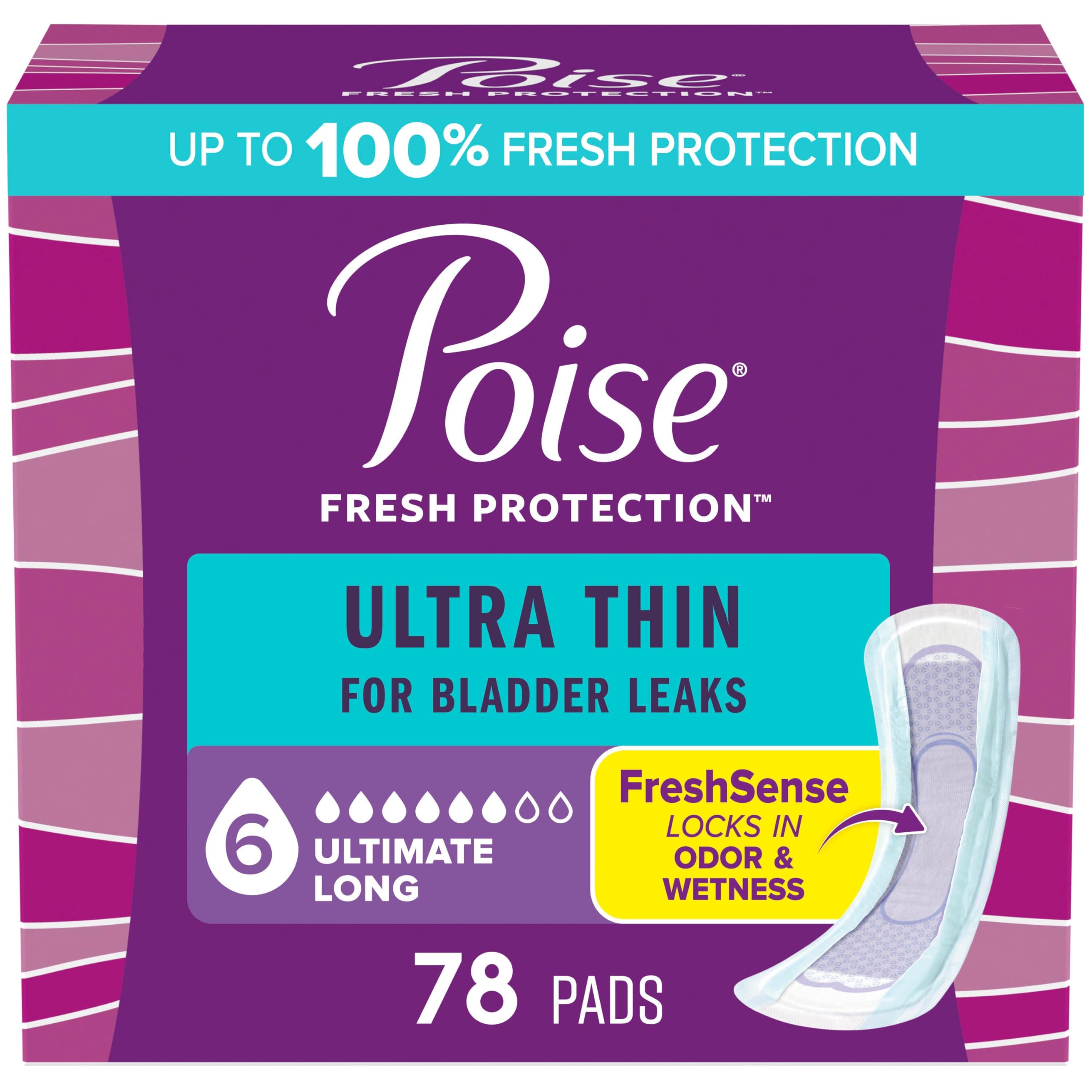 Photo 1 of Poise Ultra Thin Incontinence Pads & Postpartum Pads for Bladder Leaks, 6 Drop Ultimate Absorbency, Long Length, 78 Count, Packaging May Vary