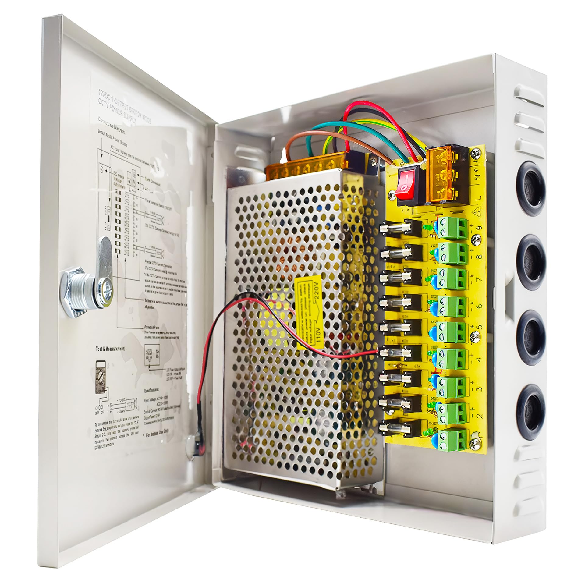 12V DC CCTV Power Supply 9 Channel, Distributed Power Supply Box for Security Camera DVR, LED Strip - 12V DC Output with Overload Protection, Metal Housing