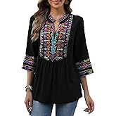 LauraKlein Mexican Embroidered Tops for Women Summer Boho Chic 3/4 Sleeve Shirts Peasant Blouses Hippie Bohemian Clothing