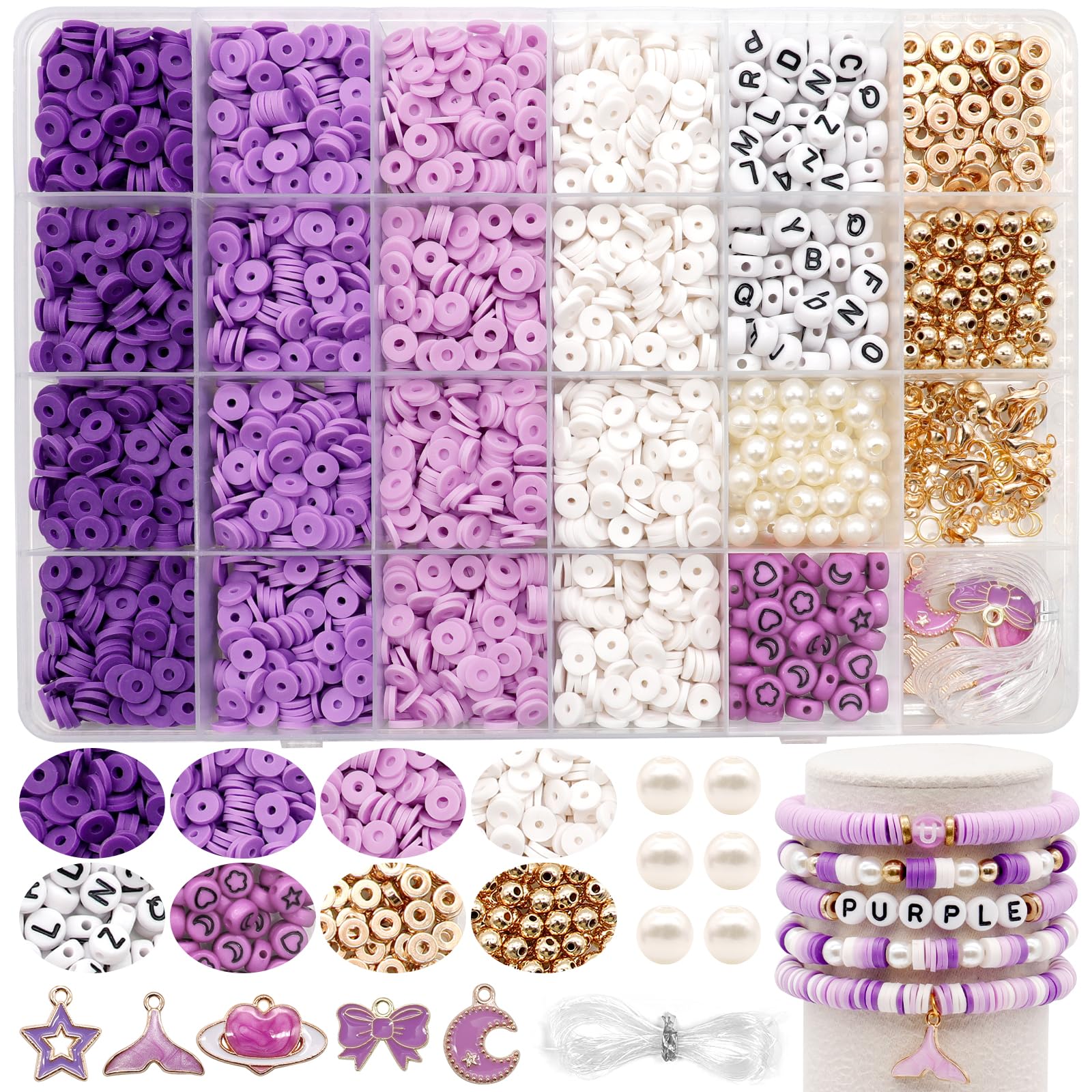 Dotilili Clay Beads Purple White, 3164 Pcs Flat Round Heishi Polymer Clay Beads Friendship Bracelet Kit with Letters Charms for Craft Necklace Earrings Jewelry Making (6mm)