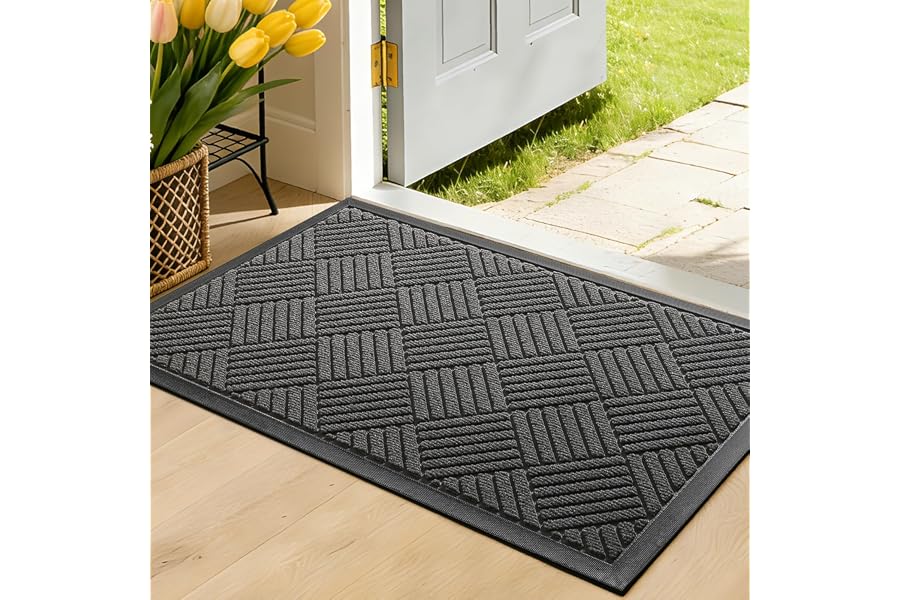 WELDUN Front Door Mat, Heavy Duty Waterproof Doormat 29.5"x17", Grey | Indoor Outdoor Non-Slip Low Profile Dirt Trapper Absorbent Rubber Mat for Entryway, Stain Fade Resistant Easy Clean
