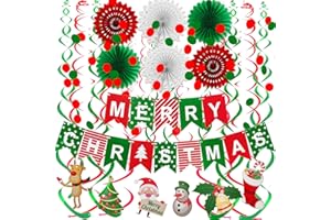 FECEDY Merry Christmas Banner Paper Fan Flower Circle Confetti Dots Hanging Garlandand Swirl Streamers Christmas Tree Christmas Snowman God Tang for Christmas Party Decoration