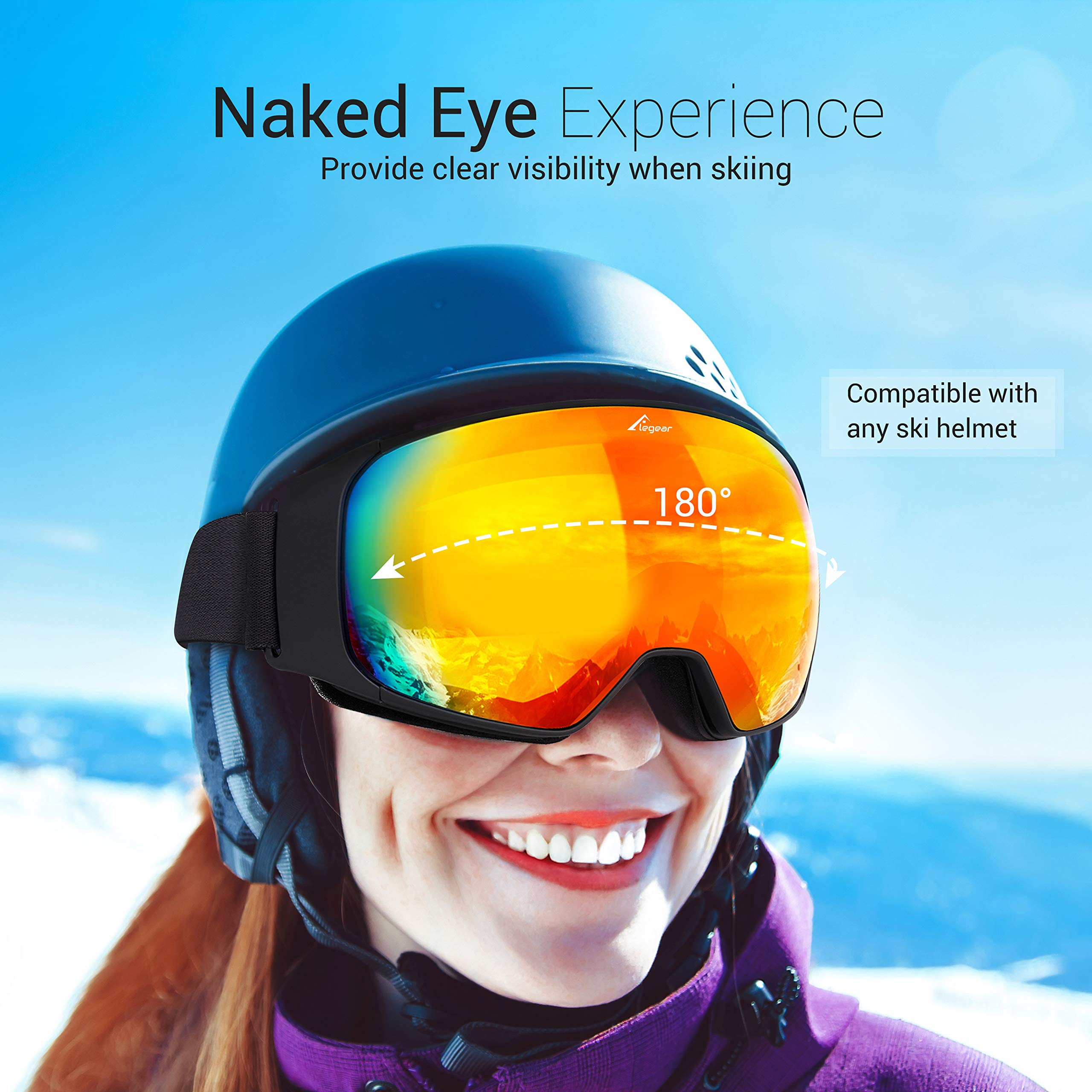Elegear Ski Goggles, Snowboard Goggles Anti-Glare Anti-Fog Waterproof 100% UV Protection with Double-Layer Spherical Detachable Lenses, Helmet Compatible Snow Goggles for Youth, Men, Women