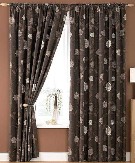 Ross Floral Lined Curtains 66 X 54 Allium Flowers Chocolate