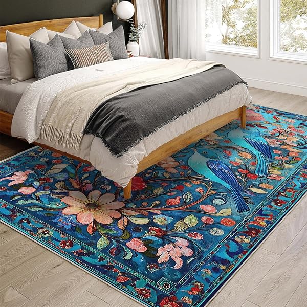 5X7 BIRD AREA RUGS BOHO BIRD FLORAL FLOWER BOTANICAL BLUE RUG FOR LIVING ROOM INDOOR SOFT NON-SLIP THIN CARPET MODERN ABSTRACT RUGS FOR DINING ROOM OFFICE BEDROOM UNDER TABLE WASHABLE MACHINE