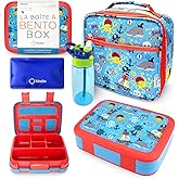 Bento Box with Insulated Lunch Bag, Ice Pack & Water Bottle Set for Kids - 5 Compartments Removable Tray Lunches or Snack Container Boys Toddlers Daycare Pre-School, Blue Pirates