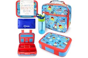 KINSHO Bento Box with Insulated Lunch Bag, Ice Pack & Water Bottle Set for Kids - 5 Compartments Removable Tray Lunches or Snack Container Boys Toddlers Daycare Pre-School, Blue Pirates