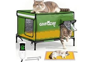 GIVFOZAY Heated Cat House for Outside Use 900D Oxford Cloth, Outside Cat House Weatherproof with Remote Control Heated Pad, Insulated Cat Houses with Removable Feet to Isolate Moisture, Against Extreme Weather