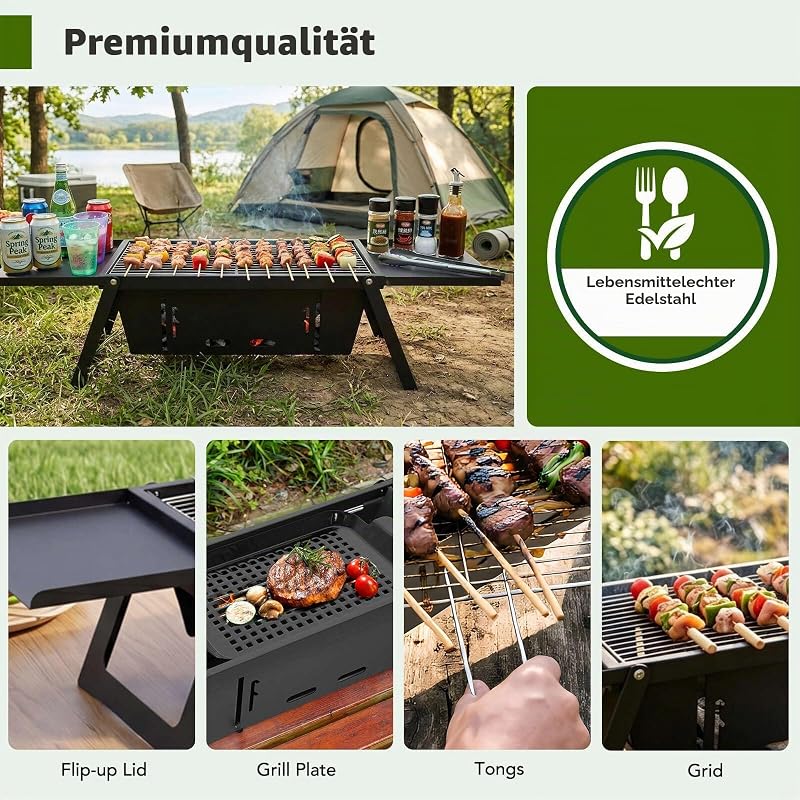 Camping Klappgrill Edelstahl Holzkohlegrill 54x21cm