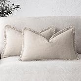 Foindtower Set of 2 Decorative Linen Fringe Lumbar Throw Pillow Covers Boho Farmhouse Cushion Cover with Tassels Cozy Accent Pillowcase for Sofa Couch Living Room Home Decor,12×20 Inch,Natural Beige