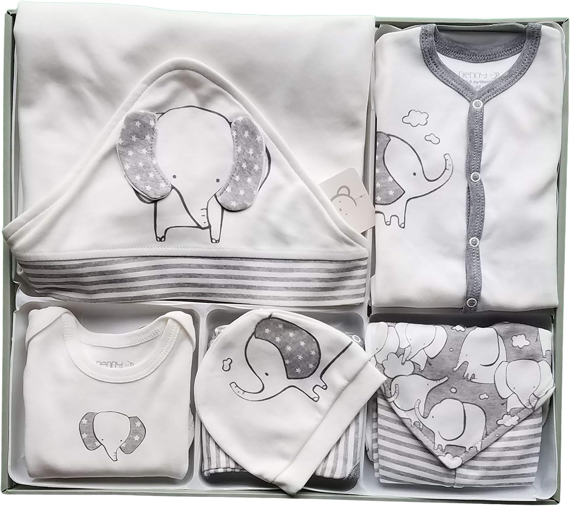 10PC Newborn Baby Layette Gift Set | Basic Essentials for Baby Boys/Girls | Take me Home Outfit | 100% Cotton | Baby Registry White/Grey