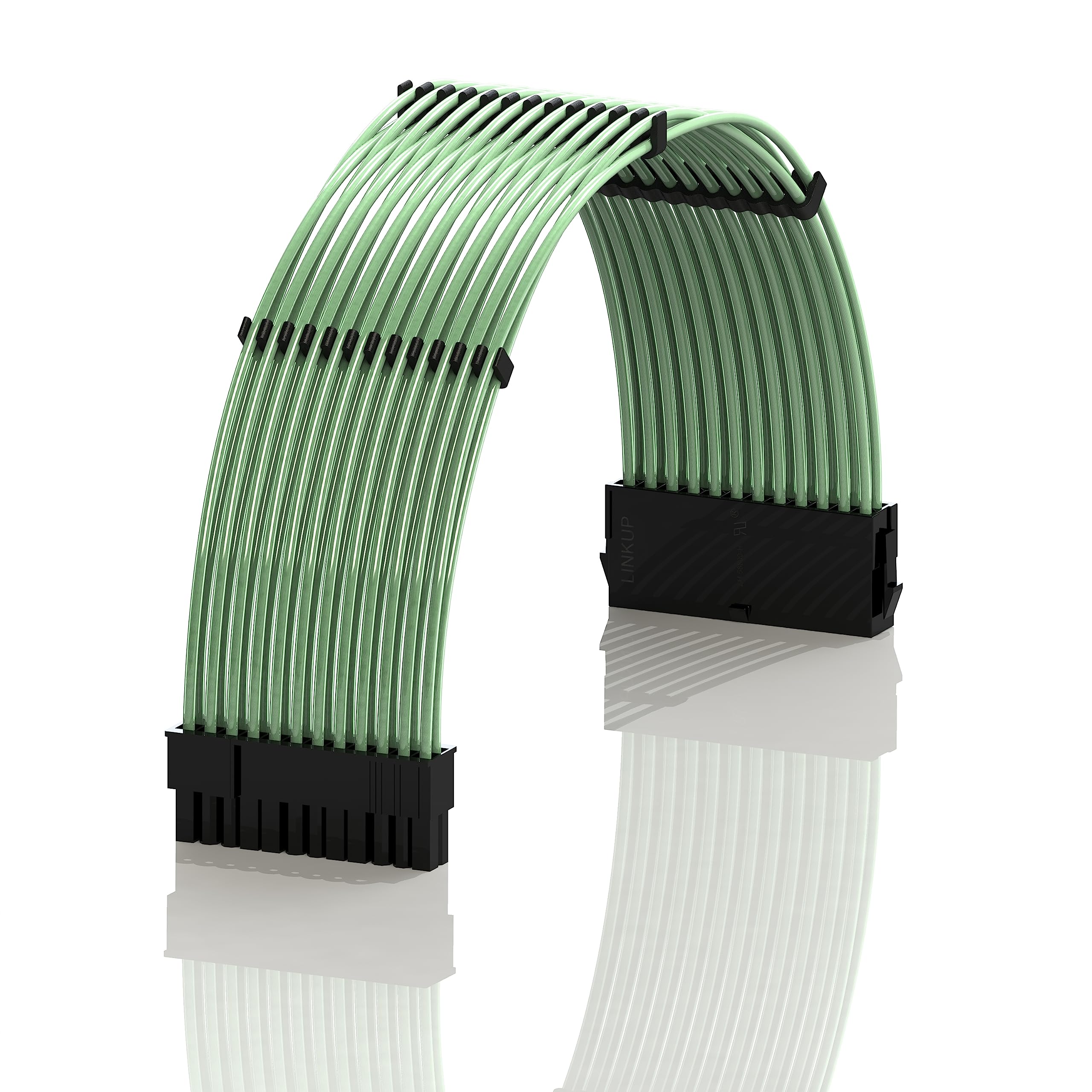 LINKUP - 30cm 24 Pin (20+4) Motherboard PSU Cable Extension 18AWG Oxygen Free Copper (OFC) Teflon Jacket Custom Mod PC w/Combs | Single Pack | 300mm - Green
