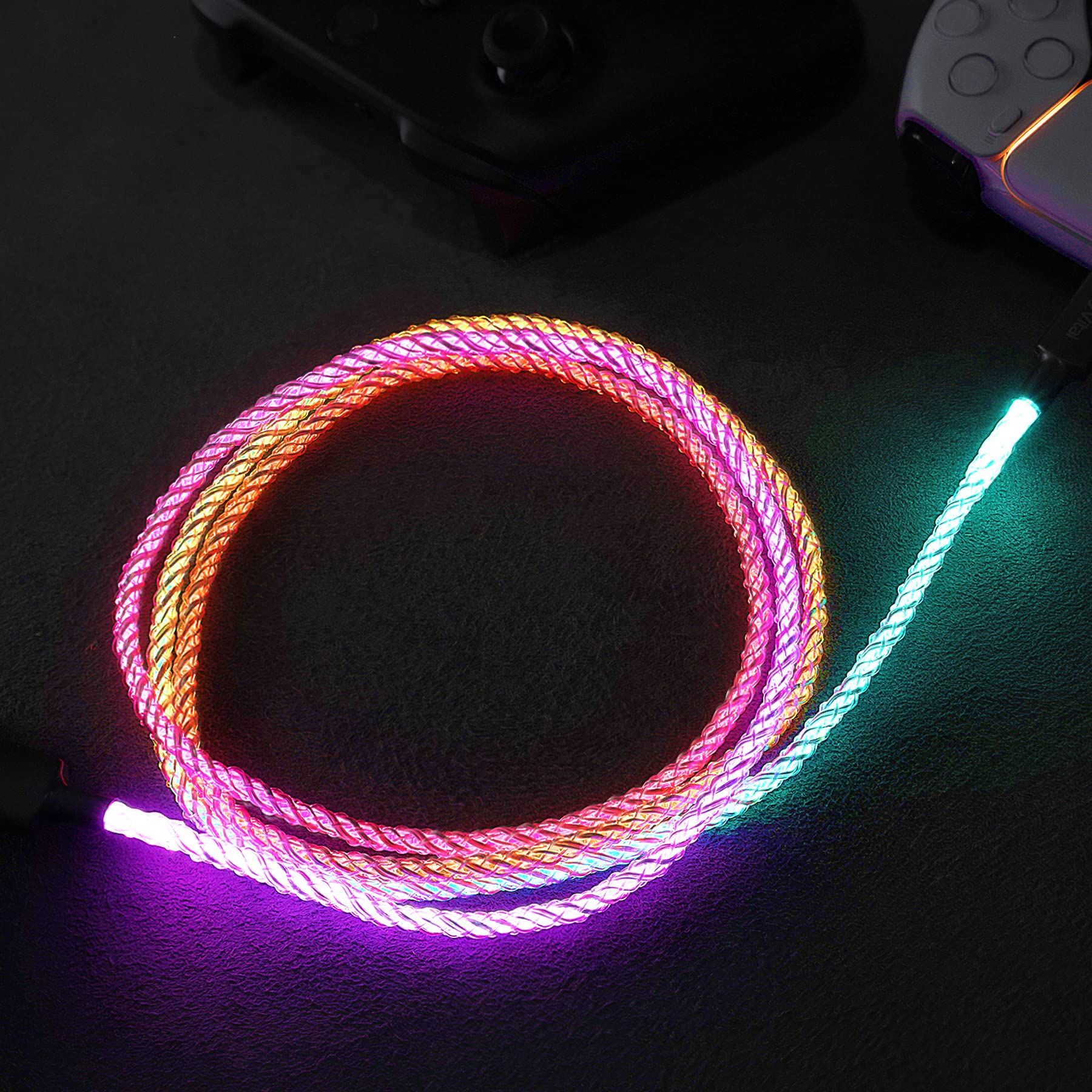playvital 3.28FT Illuminated Charging Cable for ps5 Controller, USB Type C Charging Cord for Gamepad, Universal LED Light Up Data Cord for Xbox Core/Elite Series 2 / Switch Pro Controller