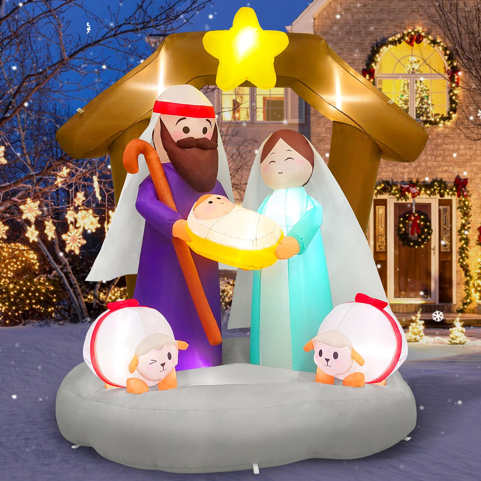 Photo 1 of MICOCAH 6FT Christmas Inflatables Nativity Scene Outdoor Decorations, Build-in LED Lights The Birth of Jesus Scene Blow Up Yard Decoration for Holiday Xmas Party Indoor Lawn Christmas Eve Decor