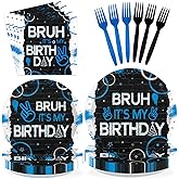 96Pcs Bruh Birthday Party Decorations Bruh It's My Birthday Plates and Napkins Tableware Sets Blue and Black Disposable Decorations for Boys Black and Blue Birthdays Party Supplies Serves 24
