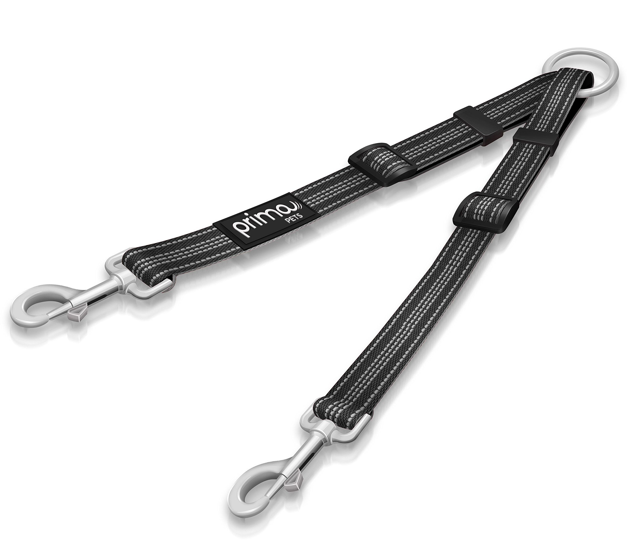 Prima Pets Reflective Adjustable Double Dog Coupler - Each Side Adjusts 28 cm to 51 cm in Length - Strong Nylon Lead Splitter - Walk 2 Dogs with Ease (MEDIUM – 2 cm Width, BLACK)