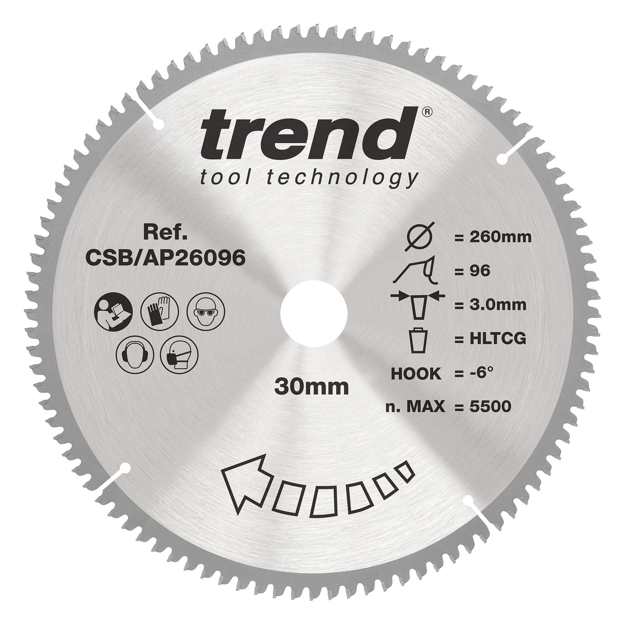 Trend Aluminium & Plastic Circular Saw Blade, 260mm Diameter, 30mm Bore, 96 Teeth, 3mm Kerf, -6° Hook, TCT, Extra-Fine Finish, CSB/AP26096