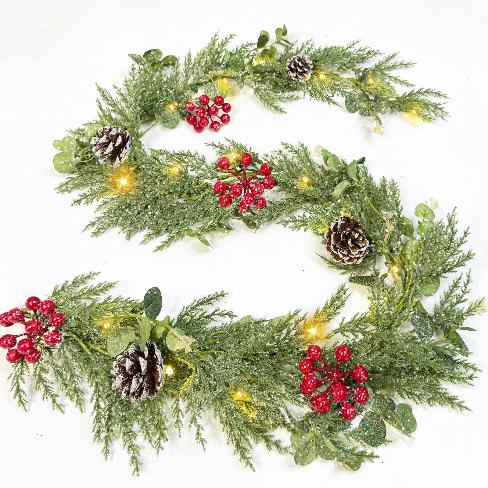 Photo 1 of [Snowy & Timer] 6 Ft Prelit Christmas Garland, Real Touch Cedar Garland with Lights,115 Cedar Branchs 25 Eucalyptus Leaves Red Berry Snowy Pinecones Garlands for Mantel Fireplace Table Christmas Decor