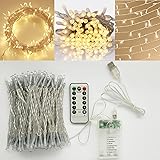 [Double Power Modes] Warm White LED Indoor battery operated String Light with Remote and Timer on 69ft Clear String (8 Modes, Dimmable, Auto Timer, 200 LEDs)
