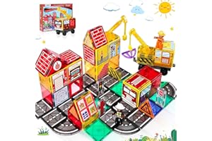 LOTMEY Magnetic Tiles Road Set with 2 Cranes & Double-Sided Magnet Tiles,Boys Toys for Ages 3-5 5-7 8-12,STEM Magnetic Building Construction Toys Include Car,Stations,Dolls,Roads,Signs,Gifts for 3+ Kids