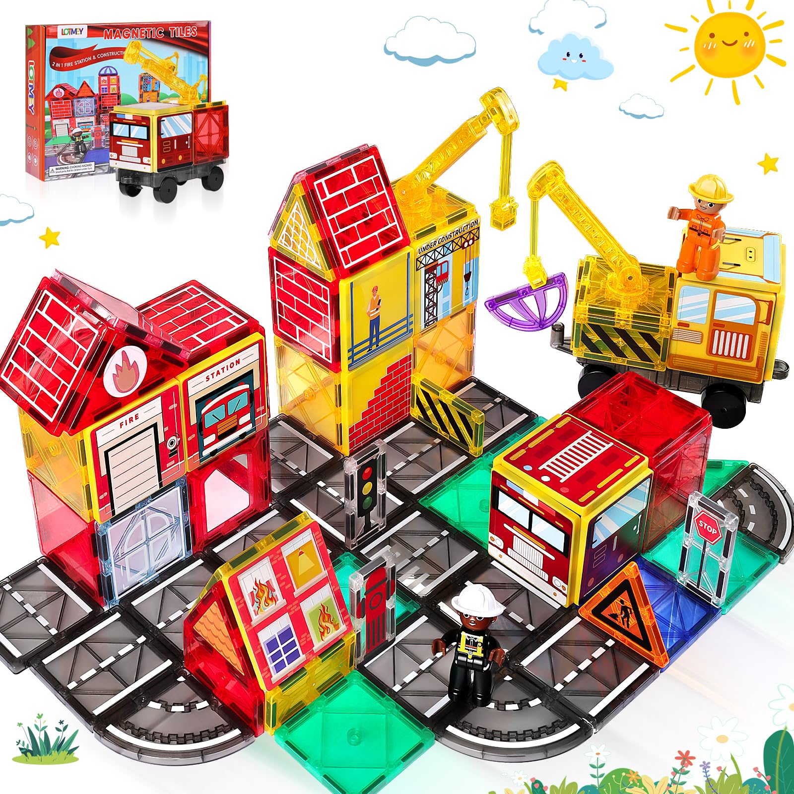 Photo 1 of Magnetic Tiles Road Set with 2 Cranes & Double-Sided Magnet Tiles,Boys Toys for Ages 3-5 5-7 8-12,STEM Magnetic Building Construction Toys Include Car,Stations,Dolls,Roads,Signs,Gifts for 3+ Kids