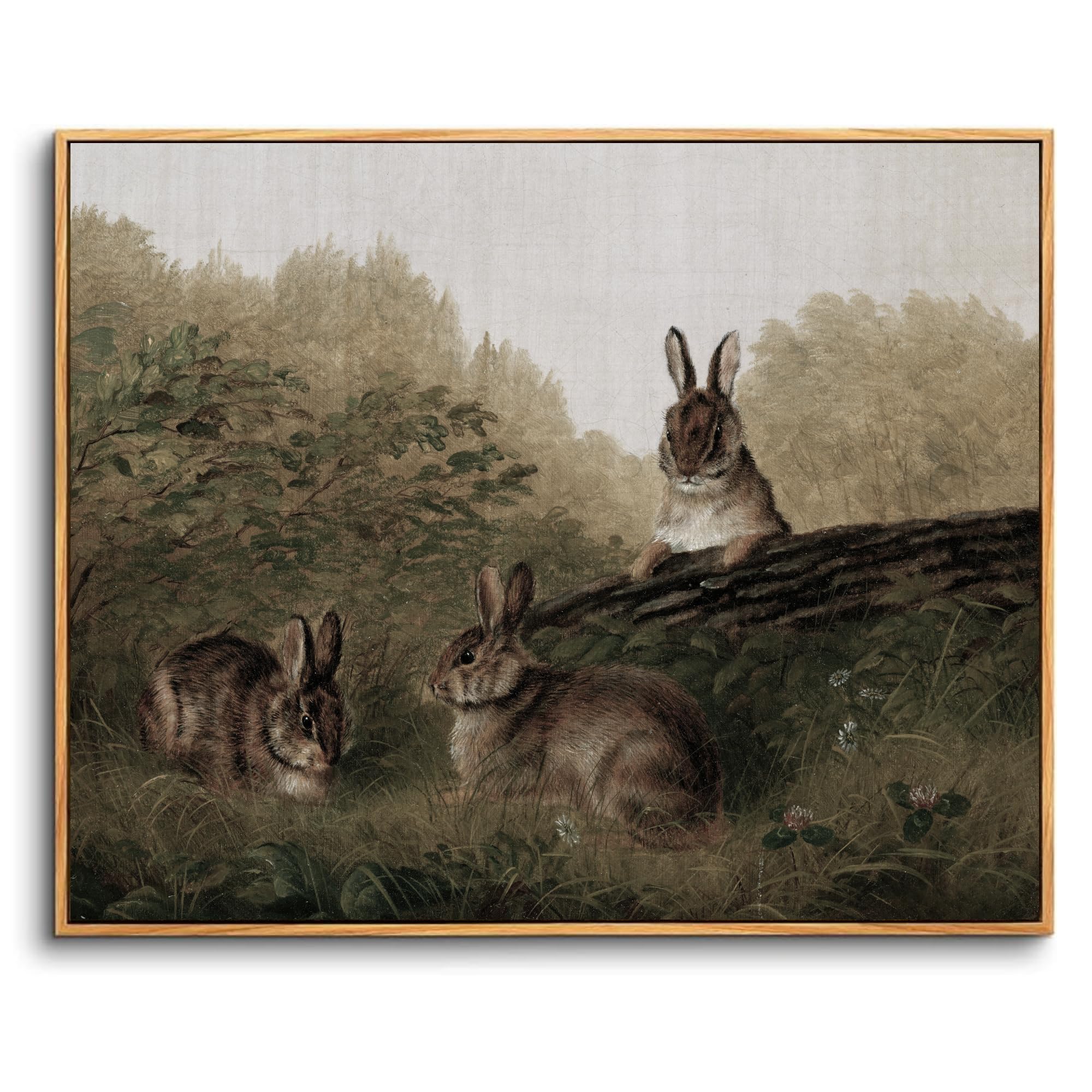 hyidecorart Wooden Framed Canvas Wall Art for Living Room, 16"x24" Rabbits on a Log Vintage Bedroom Decor Aesthetic, Modern Animal Paintings Artwork Wall Decorations for Bathroom Hallway Dining Room
