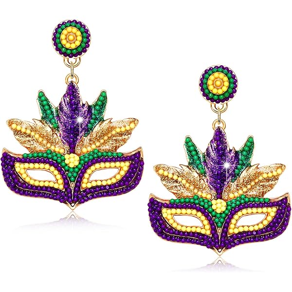 Mardi Gras Earrings For Women - 2-Pair Set Dangle Earrings With Jester Hat, Mask, Star & Fleur De Lis Designs